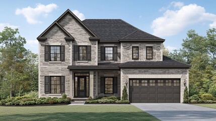 Two-story stone house with dark gray shutters and roof, double garage, landscaped yard.
