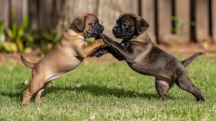 Two playful puppies playfully wrestling on green grass.