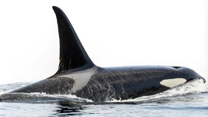 Naklejka premium A killer whale's dorsal fin isolated on a white canvas, orca back, aquatic mammal