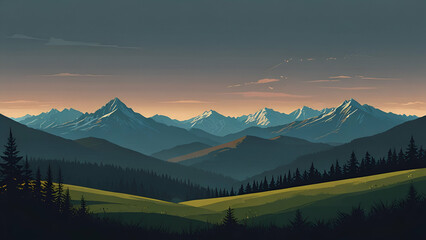 Majestic Mountain Landscape Vector Illustration A Stunning Flat Design of Nature’s Beauty and Grandeur