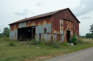 Obraz premium Rusty and weathered barn with open doors, surrounded by tall grass and a dirt road in a rural countryside landscape on a cloudy day