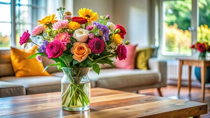 A bouquet of colorful flowers arranged in a vase on a wooden table in a cozy living room, fragrance, organic, shades