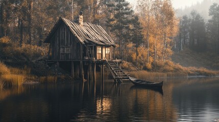 Obraz premium A traditional boathouse built over the water with wooden stilts, surrounded by a tranquil forest and ripples in the water below