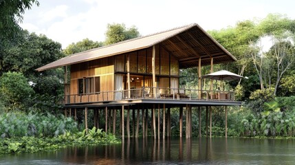 Fototapeta premium A traditional boathouse built over the water with wooden stilts, surrounded by a tranquil forest and ripples in the water below