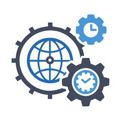 Globe with gears and clock symbolizing global efficiency