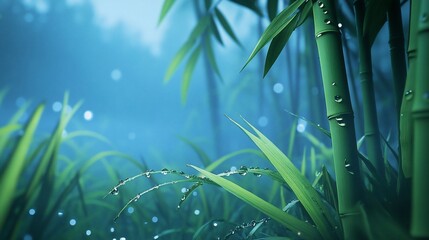 Dew-kissed bamboo forest at dawn, mist-shrouded serene scene.