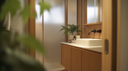 Fototapeta premium Modern minimalist bathroom with wooden vanity, plants, and frosted glass door.