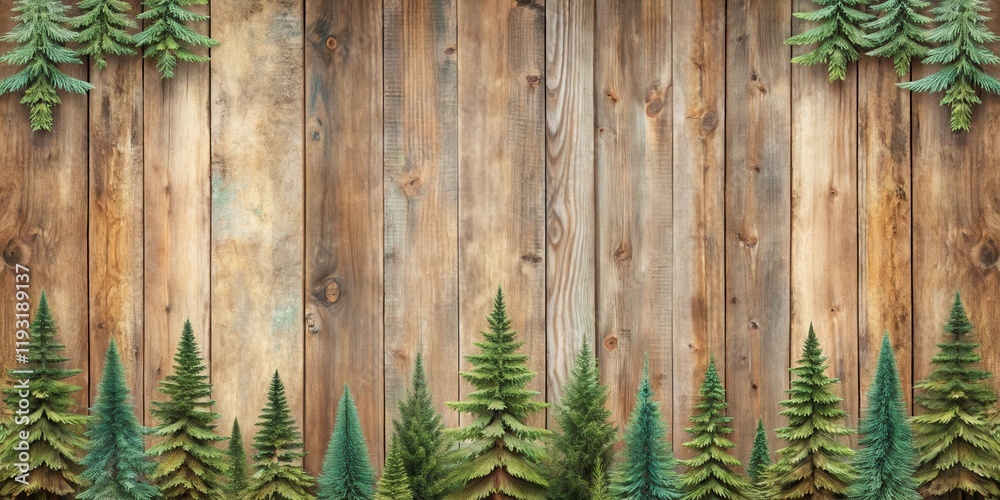 Poster rustic wooden background with evergreen trees arranged in a border for holiday or nature themes