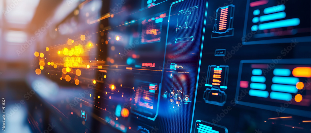 Poster futuristic energy control room with glowing digital interfaces and data displays, showcasing advanced technology and innovation in vibrant, dynamic environment