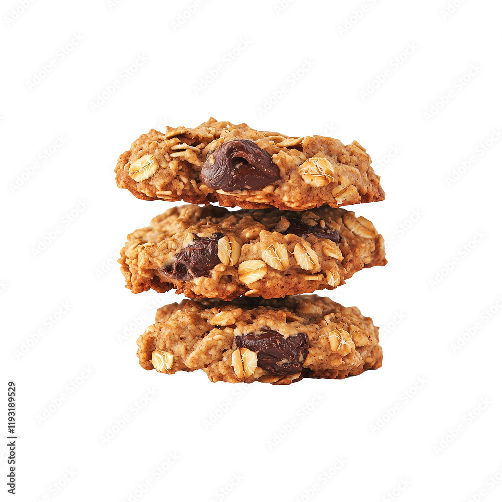 Poster three delicious oatmeal cookies stacked on transparency background, featuring visible oats and choco
