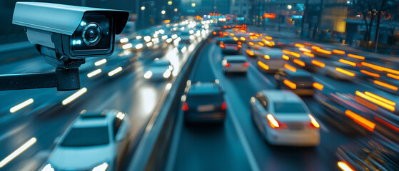 surveillance camera monitors busy urban street with blurred traffic lights, capturing dynamic movement of vehicles at night