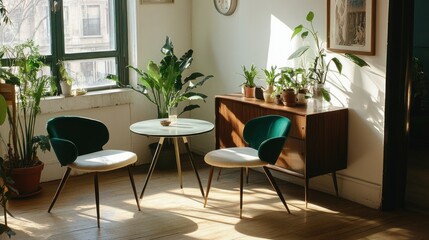 Obraz premium Sunlit living room with plants, chairs, and mid-century cabinet.