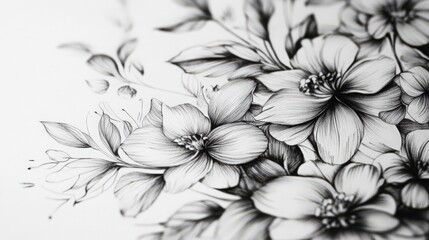 Detailed monochrome floral illustration with fine lines, delicate petals and leaves