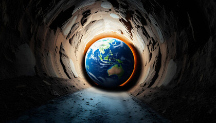 A picture of the earth inside a tunnel.  image, vibrant, with white tones