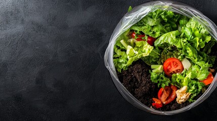 Climate Change Solutions: Global Warming and Mitigation Strategies, Rotten vegetables in a clear bag on a dark surface, symbolizing food waste and environmental concerns.