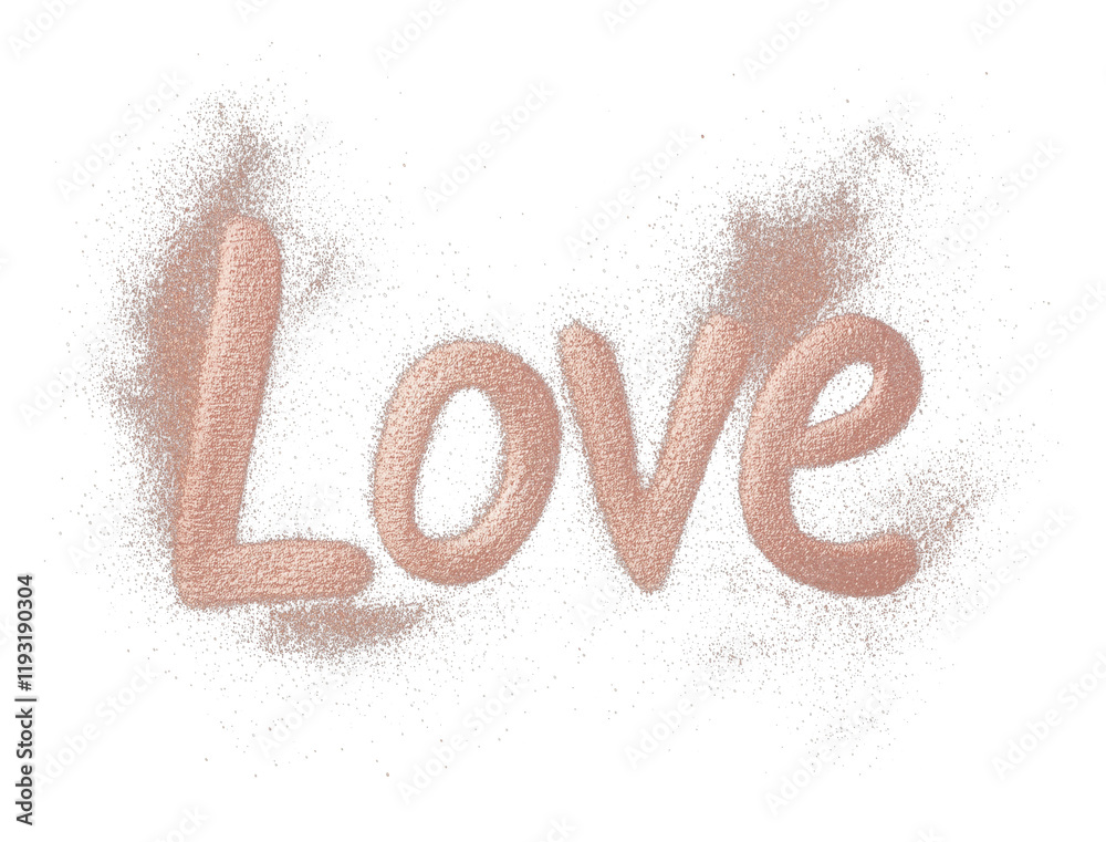 Poster word love is artistically written in shimmering rose gold brush patterns against transparency backgr