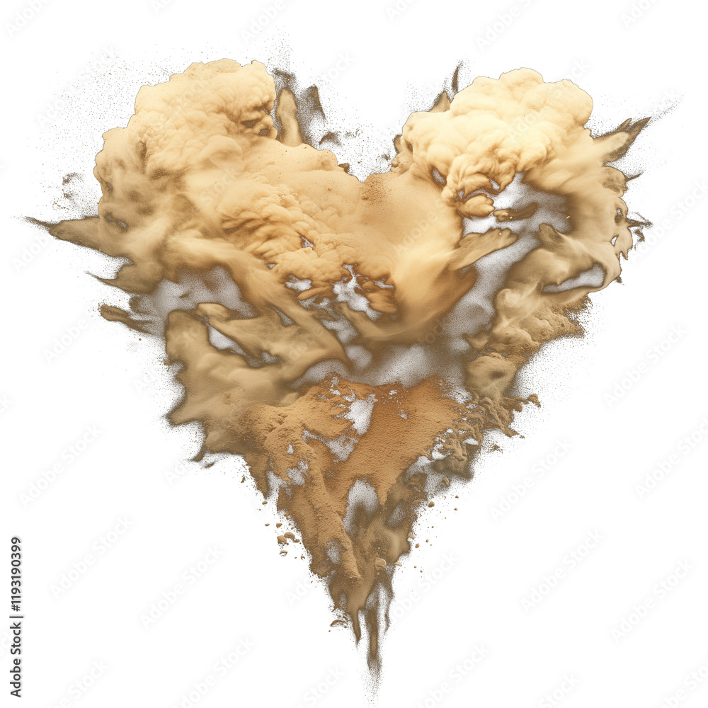 Aufkleber heart shaped cloud of sand and beige dust explodes against transparency background, creating dynamic and soft natural texture