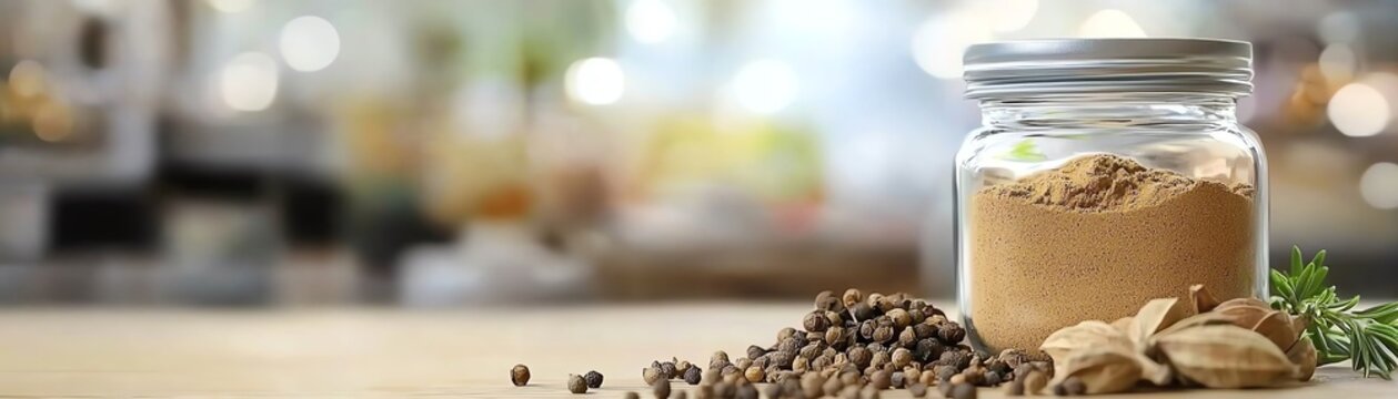 A glass jar filled with spices sits on a wooden table, surrounded by seeds and herbs in a bright kitchen.