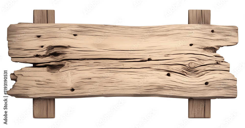 Poster simple white wooden sign with rustic texture is isolated on transparency background, showcasing its natural grain and weathered appearance