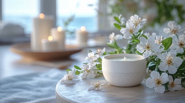 Spa essentials with candles, flowers, and a soft towel