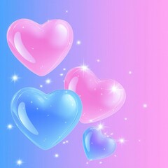 Colorful, glossy hearts float against a soft gradient background, creating a whimsical and cheerful atmosphere.