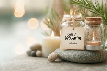 A â€œGift of Relaxationâ€ voucher, with spa candles and essential oils in the background, promoting a special wellness package