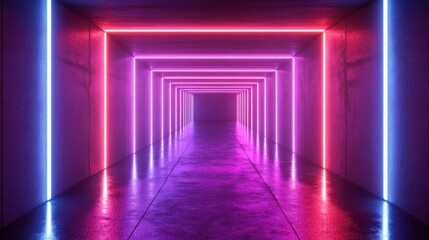 Abstract neon glowing tunnel with pink and blue colors, modern and futuristic design