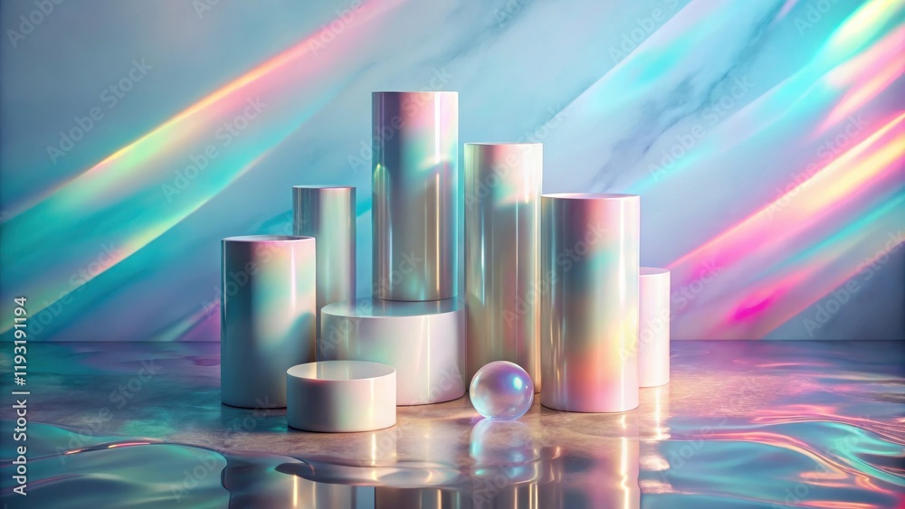 Poster iridescent cylinders and sphere on reflective surface with holographic lighting
