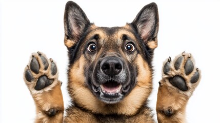 Playful German Shepherd dog paws up, surprised expression, white background.