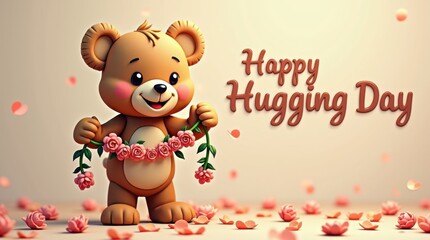 Joyful teddy bear celebrates hugging day with flowers playful atmosphere cheerful theme heartwarming vibe