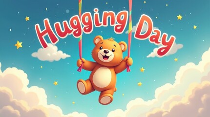 Fototapeta premium Celebrating hugging day with a cute teddy bear in a whimsical sky setting cheerful and joyful atmosphere