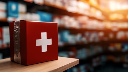 A red first aid kit on a wooden surface, with a blurred pharmacy background, symbolizing health care and safety.