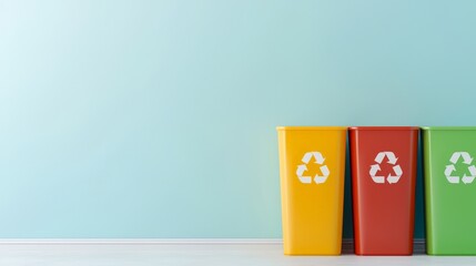 Obraz premium Climate Change Solutions: Global Warming and Mitigation Strategies, Three recycling bins in yellow, red, and green against a light blue wall.
