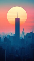 Fototapeta premium illustration of a city in a romantic sunset with the sun in the background with copy space vertically 9:16