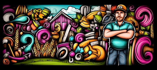 Farmer with farm tools and equipment in doodle style.