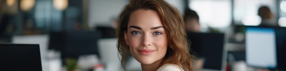 Obraz premium A woman with long brown hair is smiling at the camera. She is sitting at a desk with a laptop and a computer monitor