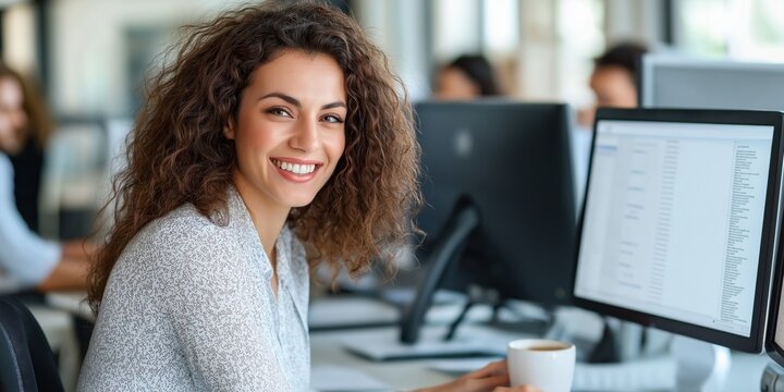 A woman with curly hair is smiling at the camera while sitting at a desk with a computer monitor and a cup of coffee