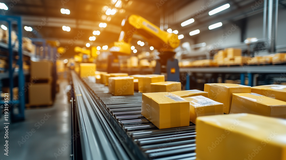 Poster wide angle shot of warehouse with automated conveyor systems efficiently moving packages under brigh