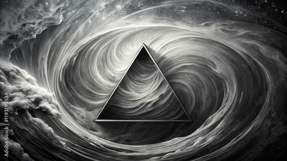 Poster Abstract Monochrome Vortex with Triangular Frame, a Cosmic Swirl of Grayscale Textures