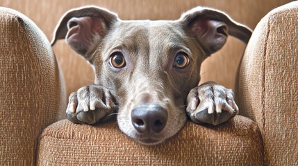 Cute greyhound dog resting on brown armchair.