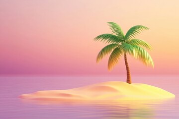 Fototapeta premium A serene tropical island with a lone palm tree against a colorful sunset over calm waters, perfect for relaxation.