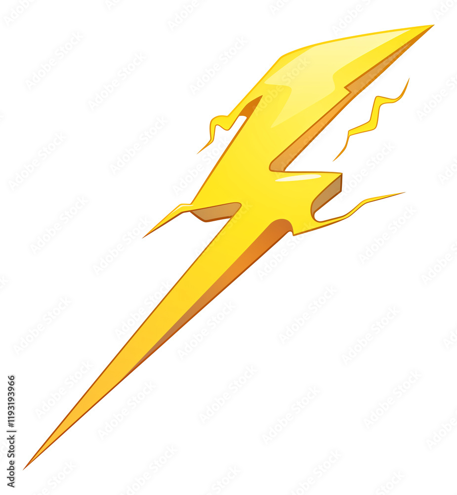 Poster vibrant yellow lightning bolt arrow with jagged edges is isolated on transparency background, symbol