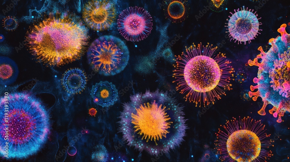 Aufkleber magnified view of colorful viruses showcasing intricate structures in a vibrant scientific visualiza