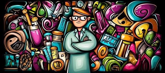 Obraz premium Cartoon scientist amidst colorful medical doodle art.