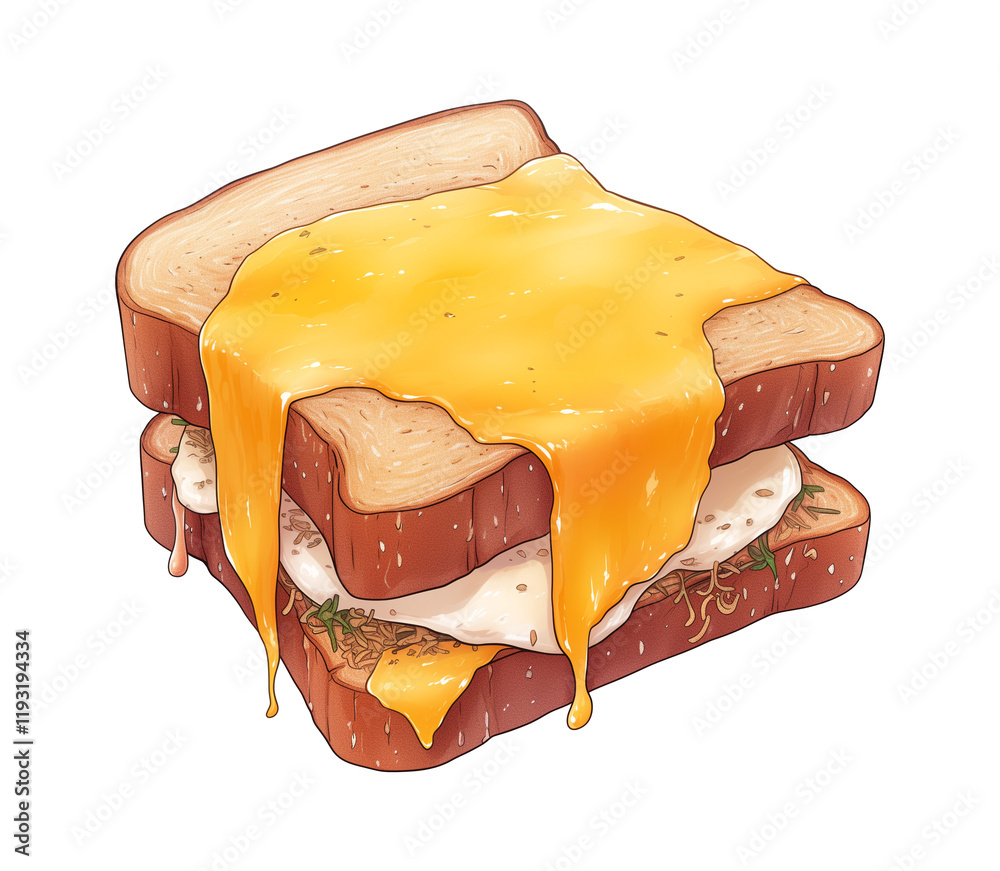 Poster delicious 3d cartoon grilled cheese sandwich with melted cheese oozing between two slices of bread, 