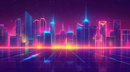 Neon Cityscape with Gridded Foreground and Starry Sky in a Futuristic Style