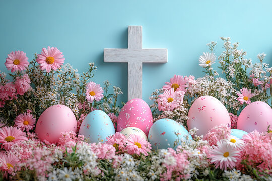 Easter cross is surrounded by colored Easter eggs and colorful flowers on a blue background.