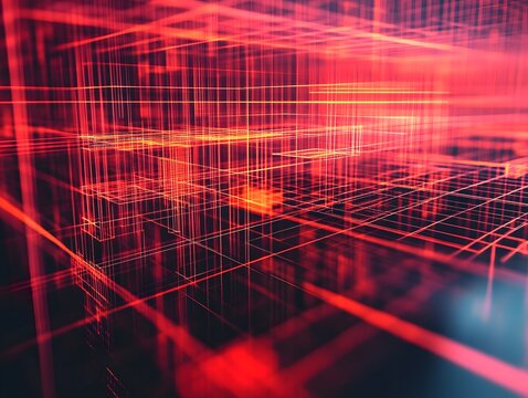 Abstract Red Digital Lines Representing Data Connections and Technology Networks with Geometric Patterns and Depth Perception in a Futuristic Design