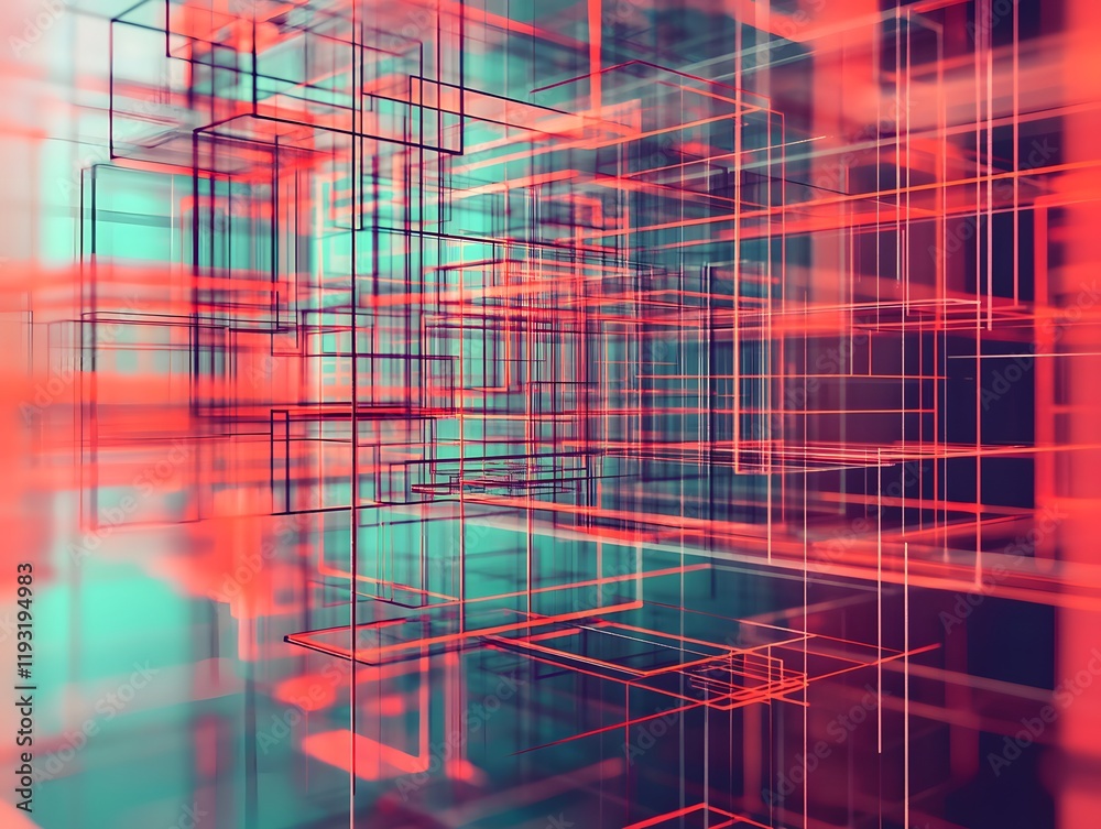 Poster abstract geometric composition with vibrant lines and 3d effects showcasing a modern and dynamic dig