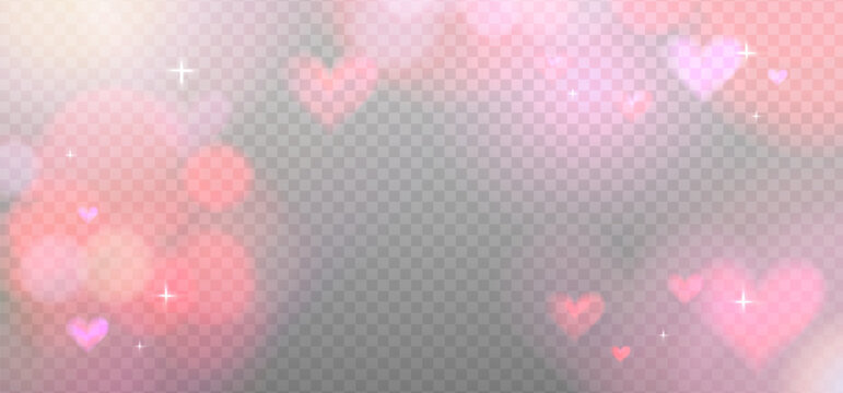 Abstract pink refraction glow and heart bokeh effect. Romantic crystal light leak flare reflection effect. Transparent Valentine s day refraction background. Vector overlay